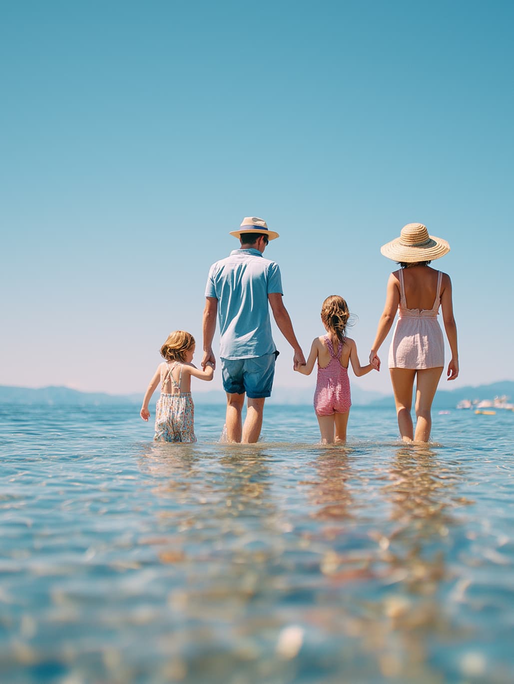 A family of four holding hands and wading through shallow, clear sea water on a sunny day, seen from behind