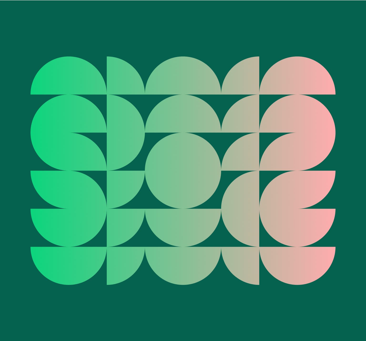 Abstract geometric pattern of circles and half-circles in a green-to-pink gradient, arranged on a dark green background.