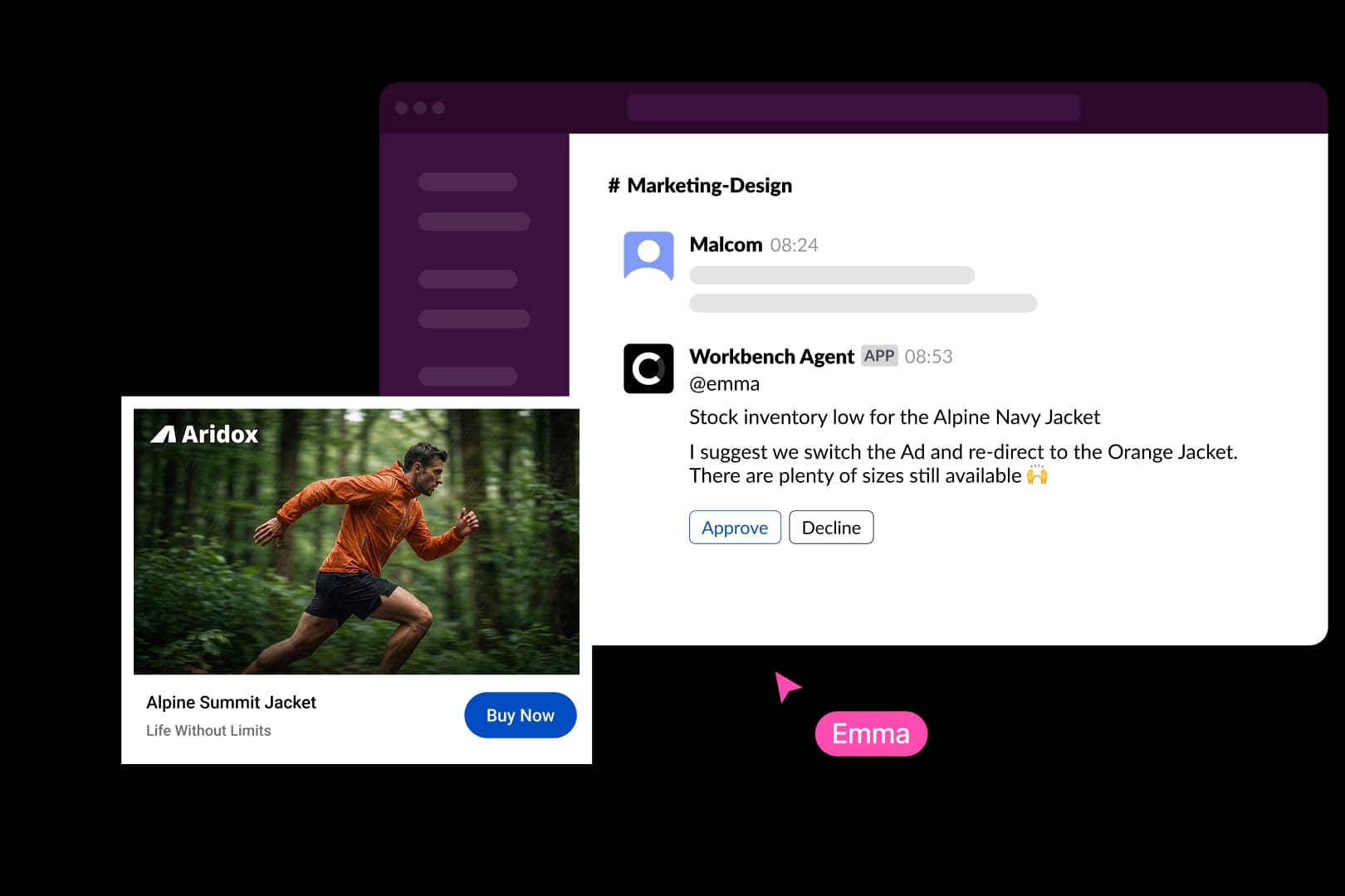 Campaign Workbench performance dashboard with engagement-rate, total-reach, and market-trends metrics, and a photo of a team at a screen
