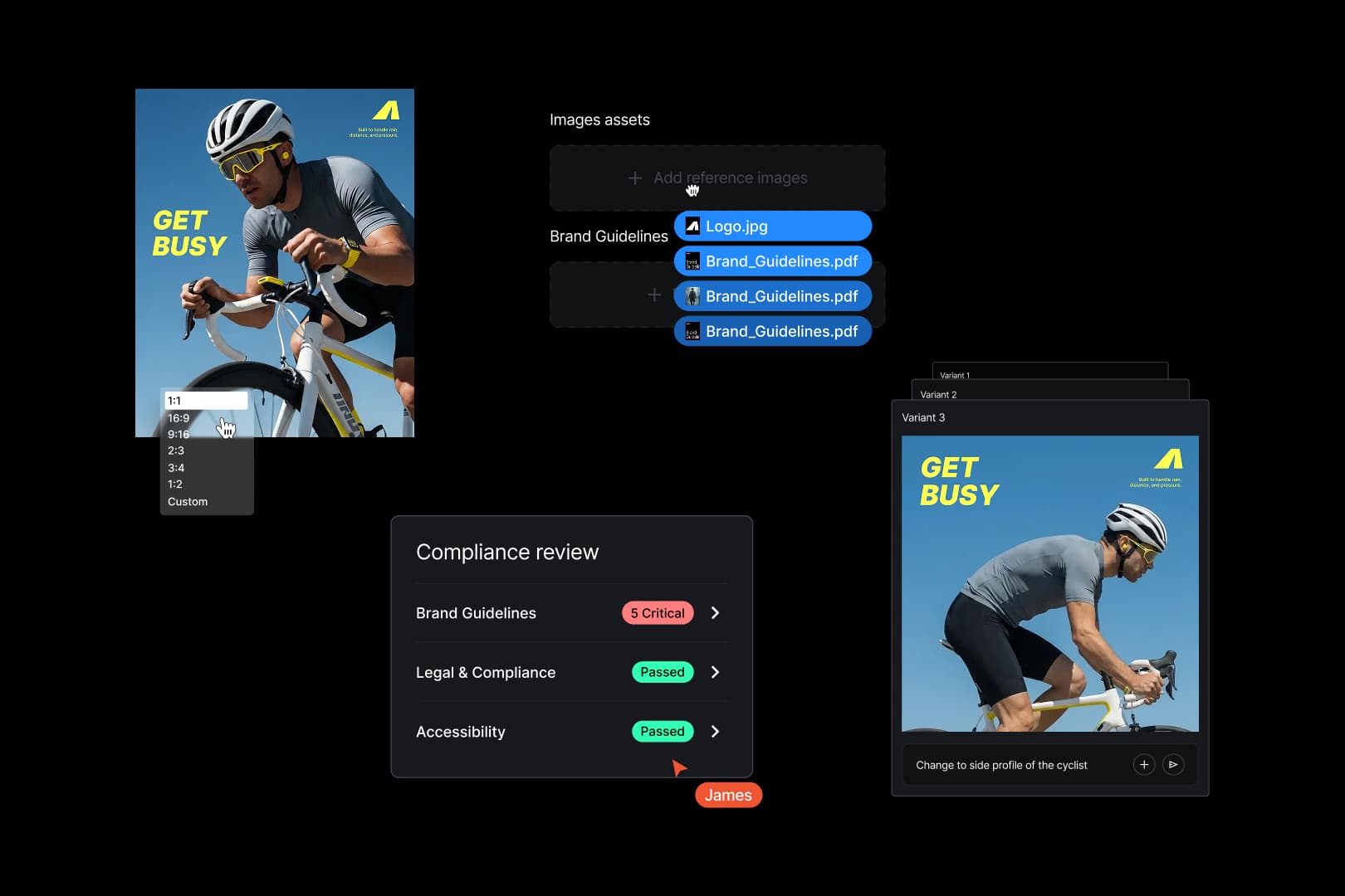 Campaign Workbench creative module showing a cyclist ad in multiple aspect ratios, brand-guideline assets, and a compliance-review panel