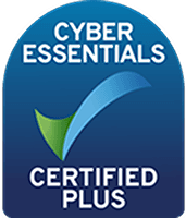 Official Cyber Essentials Certified Plus logo, featuring a blue and green checkmark on a dark blue arched background.