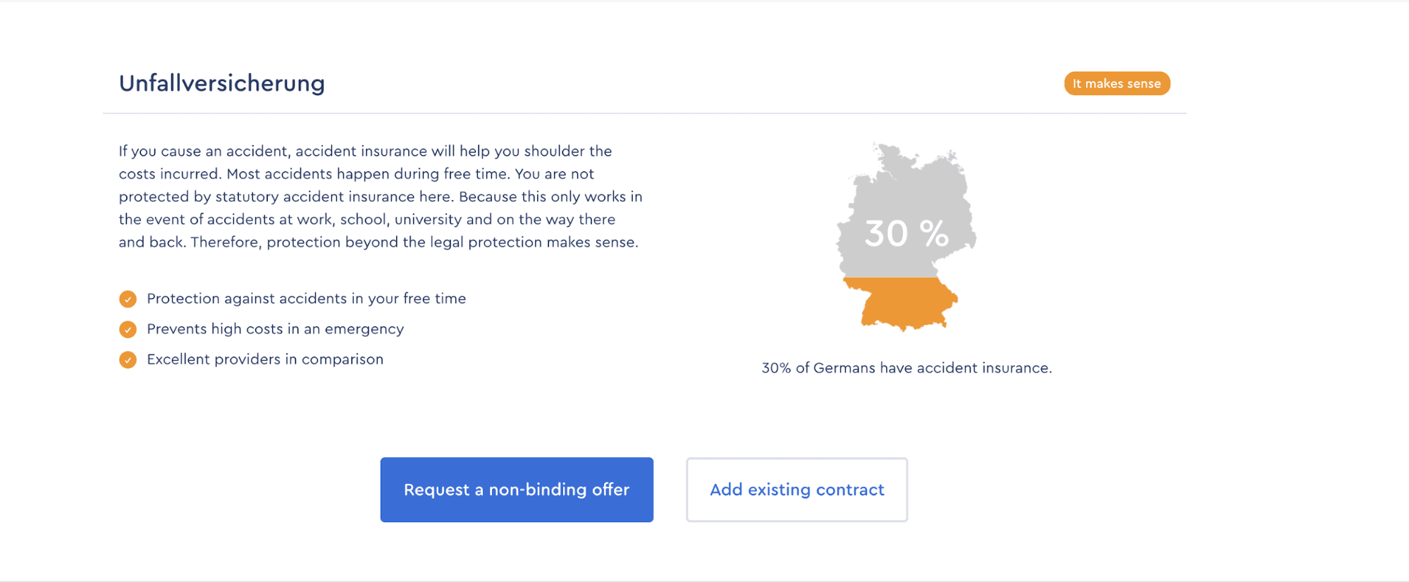 Accident insurance page listing benefits, a map showing 30% of Germans have accident insurance, and a button to request an offer.