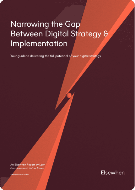 Report cover: 'Narrowing the Gap Between Digital Strategy & Implementation'. Orange triangles and sphere on a dark red background.