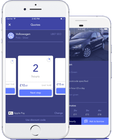 Car-sharing app screens: a 2-hour quote of £10.61 for a silver Volkswagen Polo paid with Apple Pay, and the car's listing with hourly prices