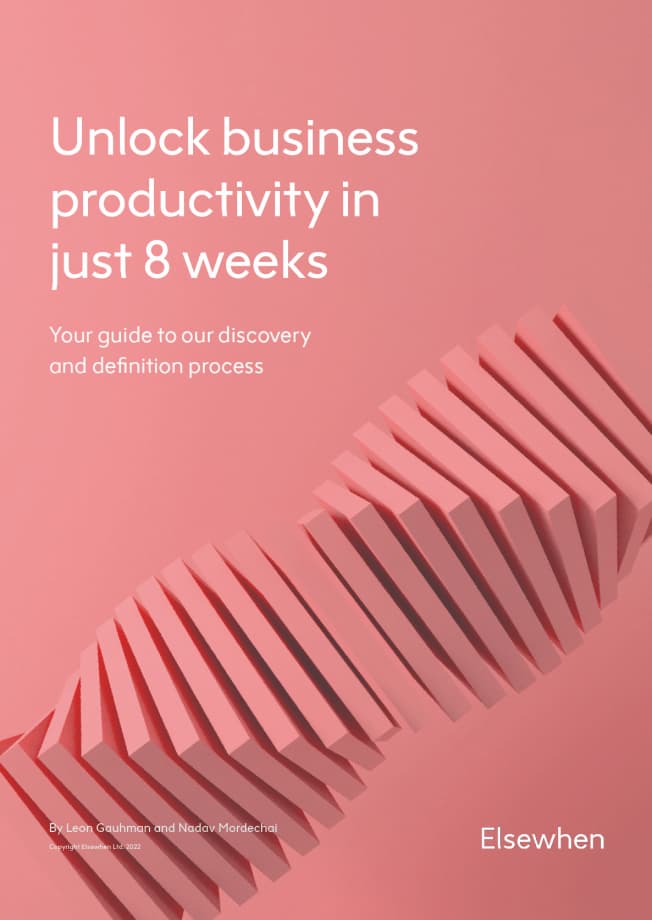 Book cover: 'Unlock business productivity in just 8 weeks'. Pink geometric blocks form a twisting pattern on a pink background.
