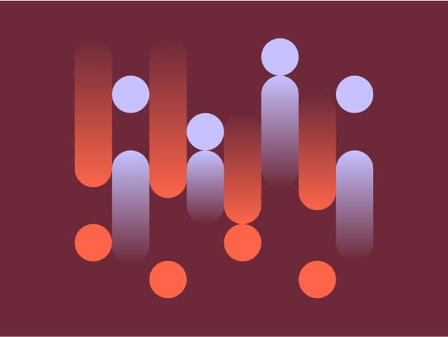 Abstract graphic of orange and lilac rounded bars and dots on a maroon background