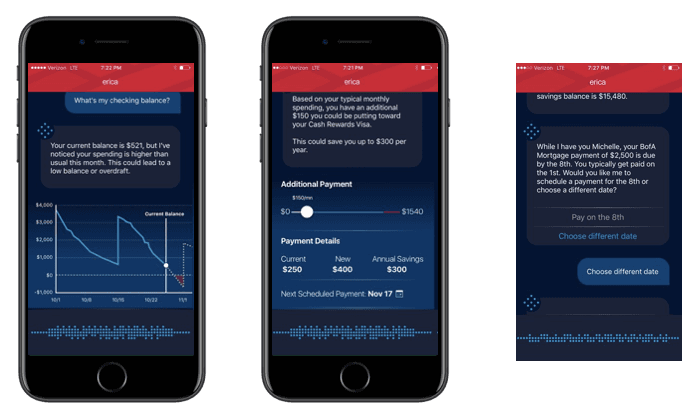 Bank of America's Erica assistant: a low-balance warning with a spending chart, an extra card payment slider and a mortgage payment reminder.