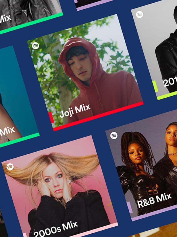 Grid of tilted Spotify playlist covers, including Joji Mix, 2000s Mix and R&B Mix, on a dark blue background