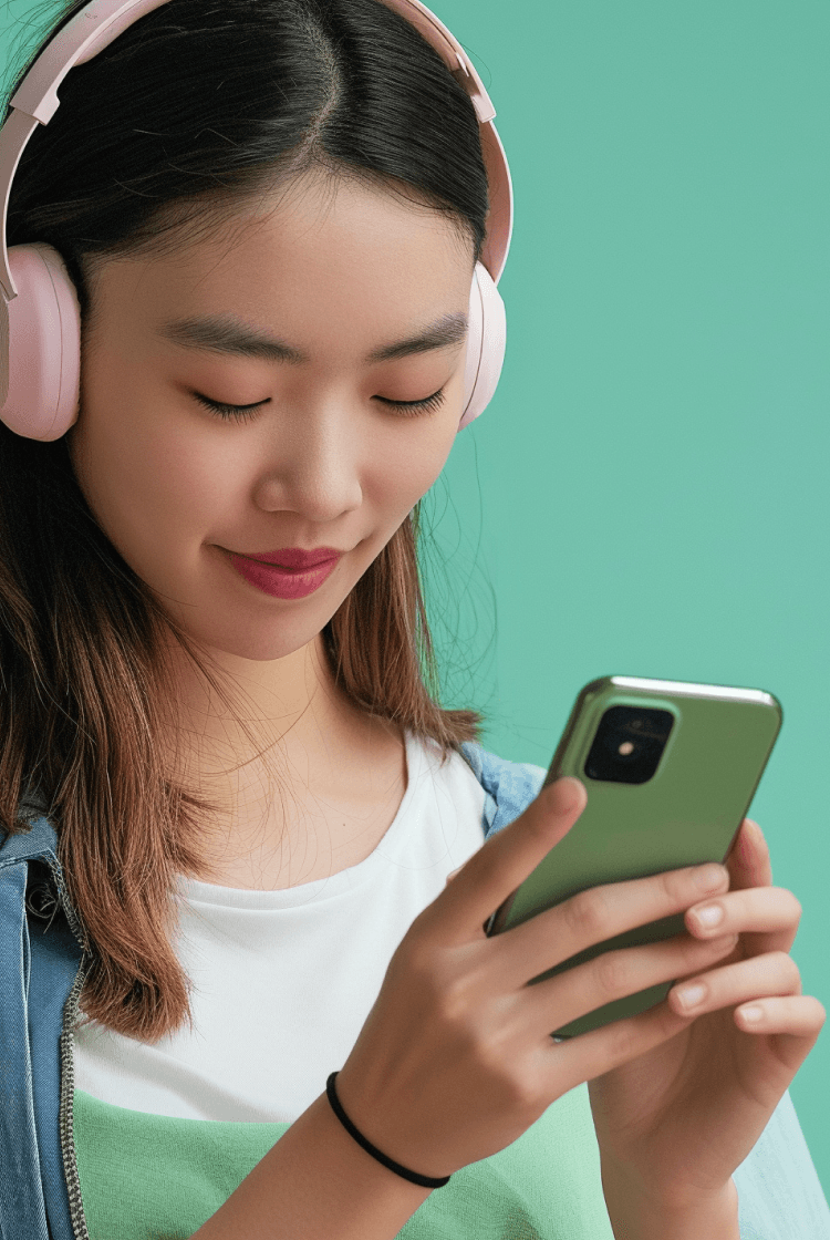 Smiling young woman in pink headphones looking at a green smartphone against a green background with a plant