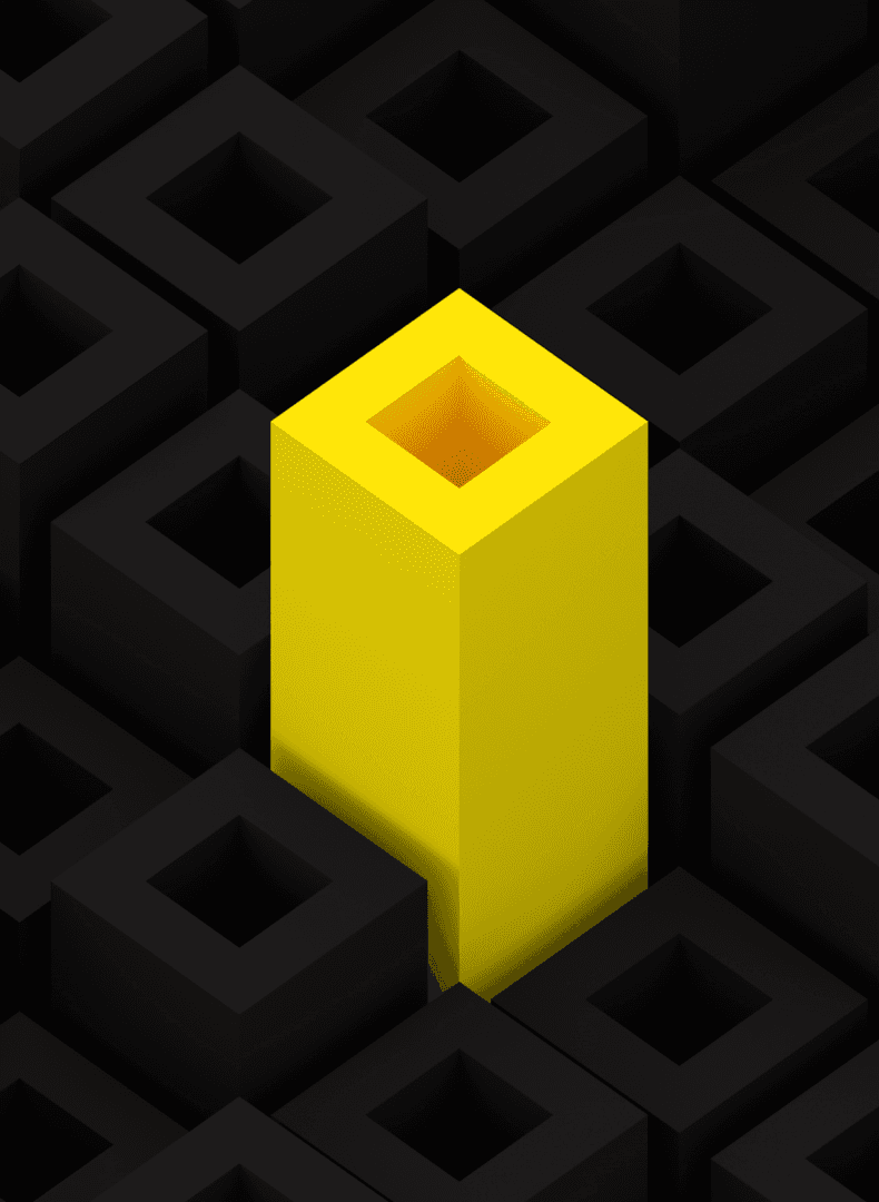 A bright yellow rectangular prism stands out among black square prisms with hollow centers in a geometric pattern.