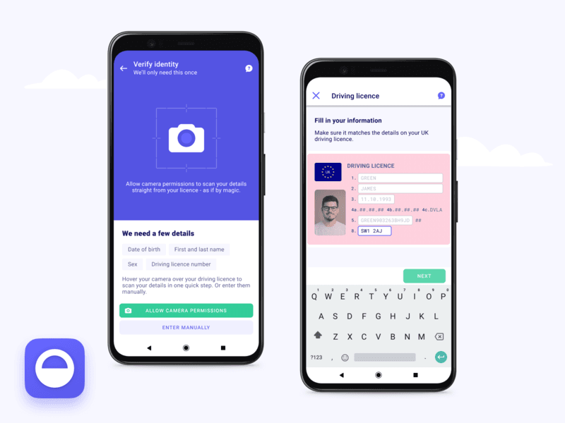 Two app screens for verifying identity: scan a UK driving licence with the camera, or type in the licence details manually
