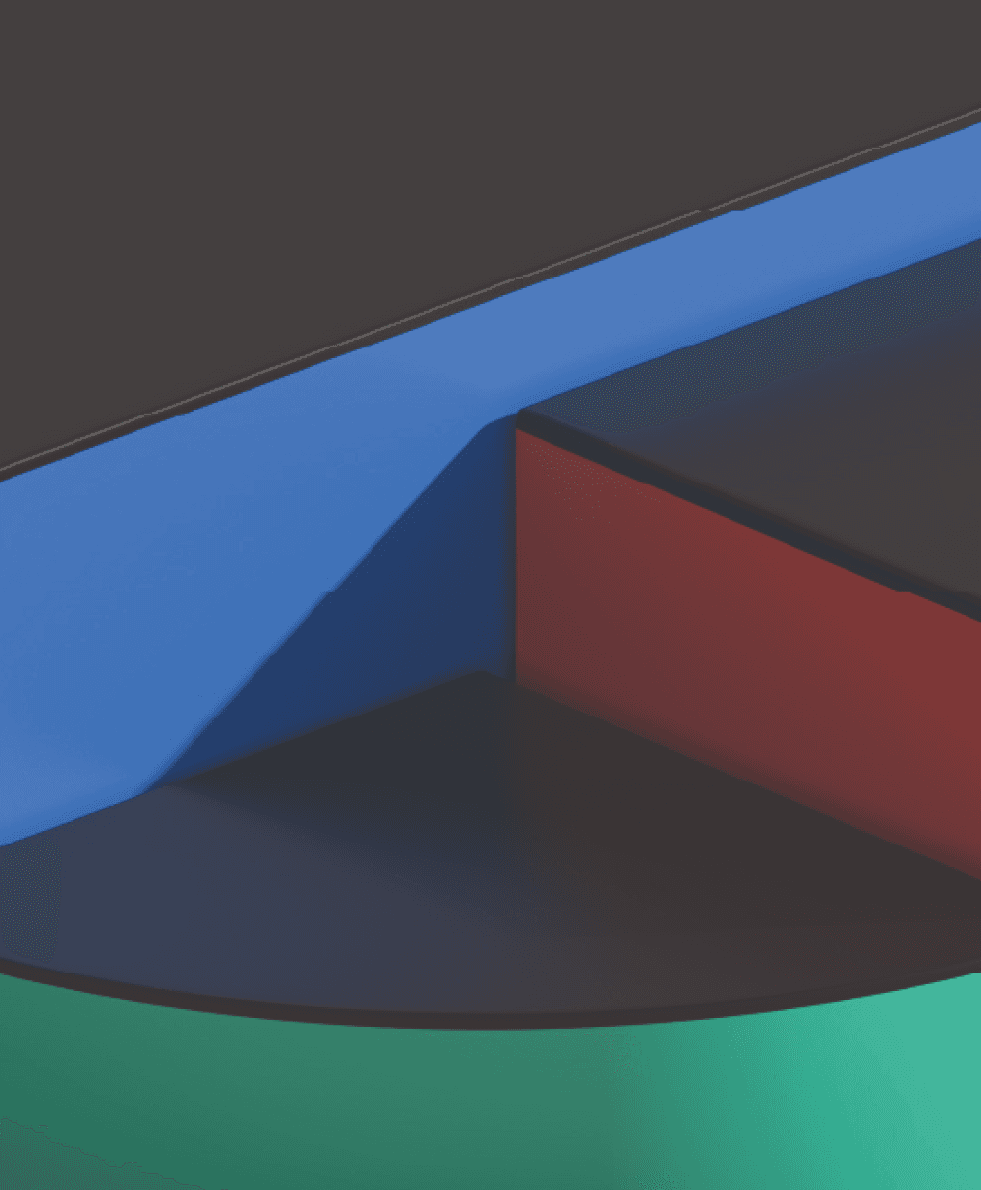 Colored geometric planes intersect, forming segments of dark gray, blue, red, and green with deep shadows.