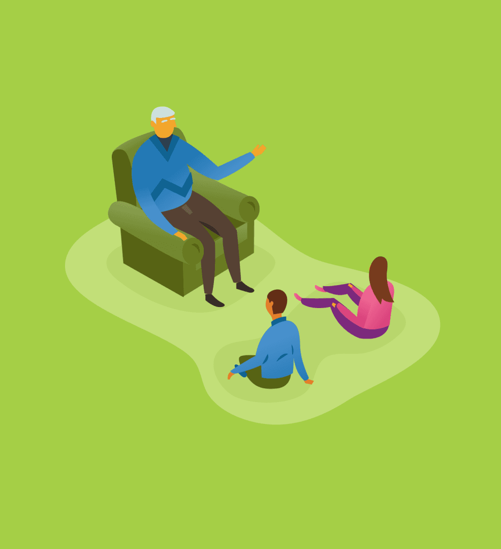 Isometric illustration of an elderly man in a green armchair telling stories to a boy and girl sitting on a light green mat.