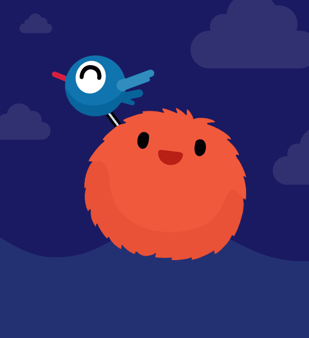 Happy orange fuzzy creature with a smiling blue bird on its head, floating under a dark blue sky with clouds.
