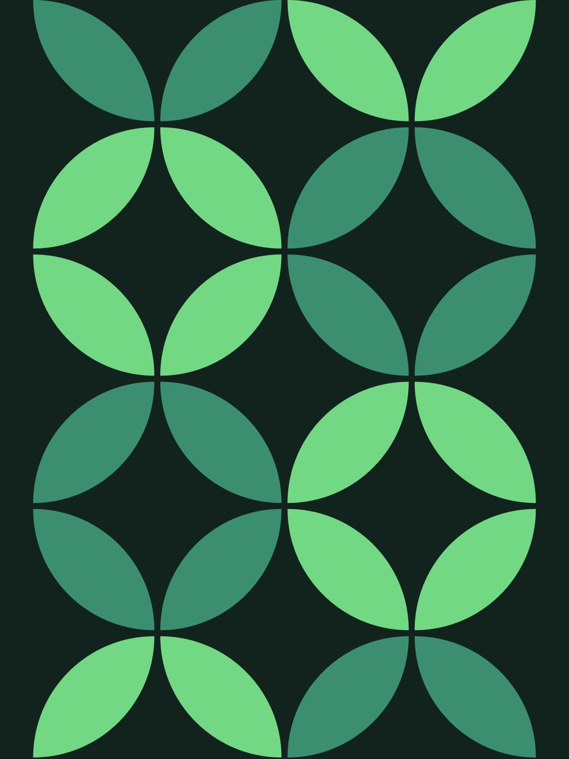 Repeating geometric pattern of light and dark green stylized leaf shapes on a dark green background.