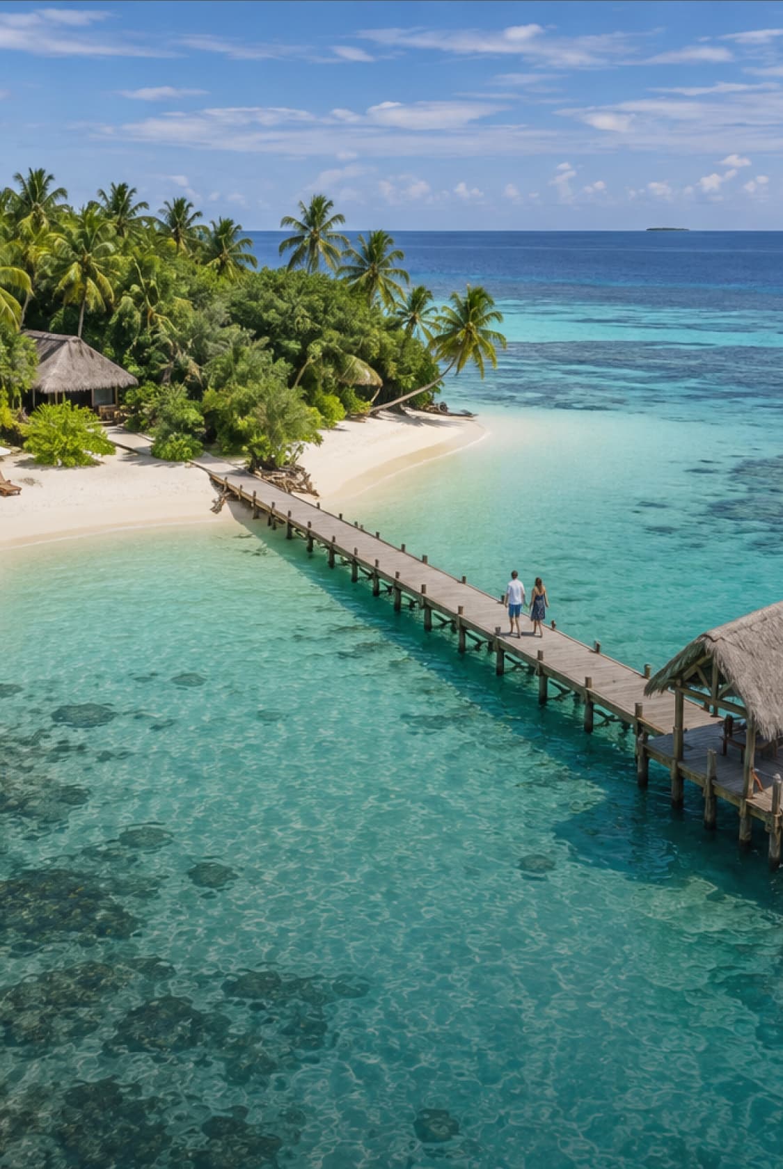 A couple walks on a wooden pier extending over clear turquoise water toward a lush, palm-lined tropical island with a sandy beach hut.