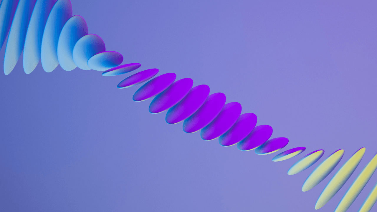 Row of glossy purple, blue and yellow discs curving diagonally across a lilac background