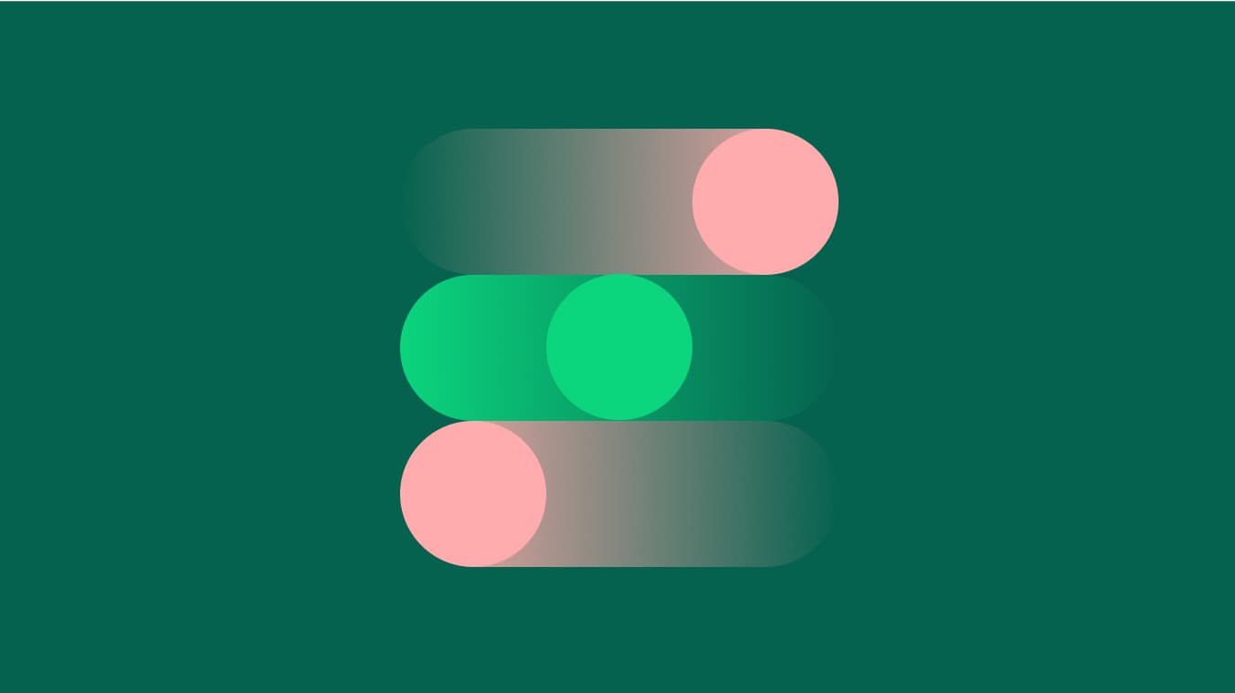 Abstract design with pink and green circles on wide horizontal bars against a dark green background.