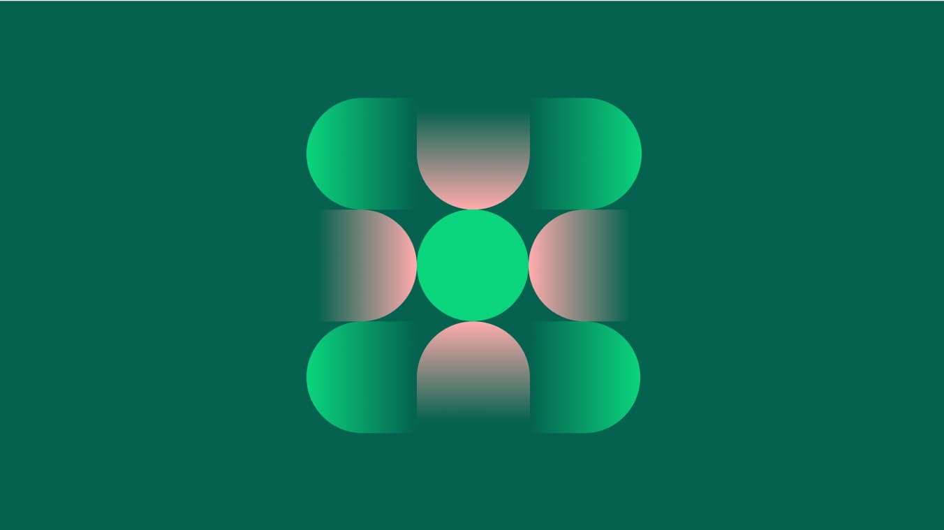 Abstract geometric design with green and pink gradient shapes forming a symmetric pattern on a dark green background.