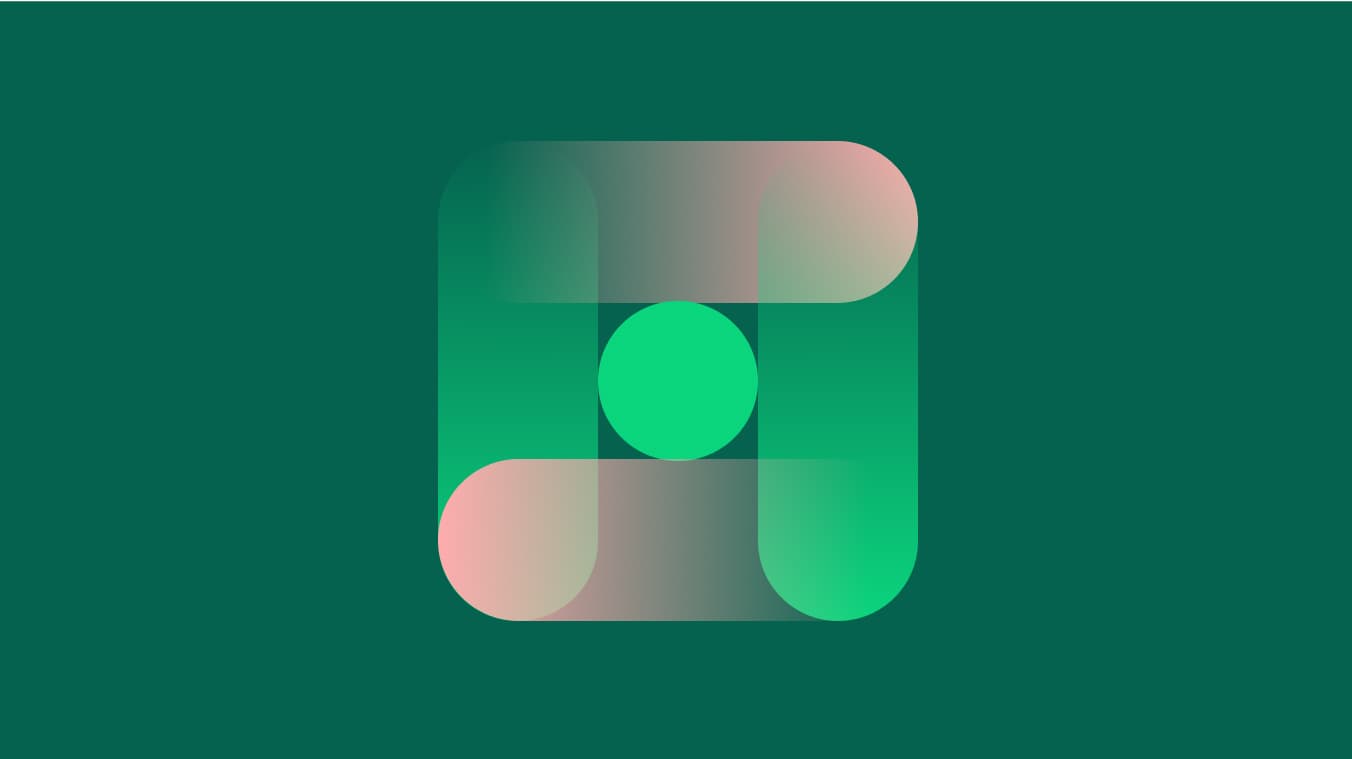 Abstract geometric design with overlapping green and pink shapes forming a rounded square and central circle on a dark green background.