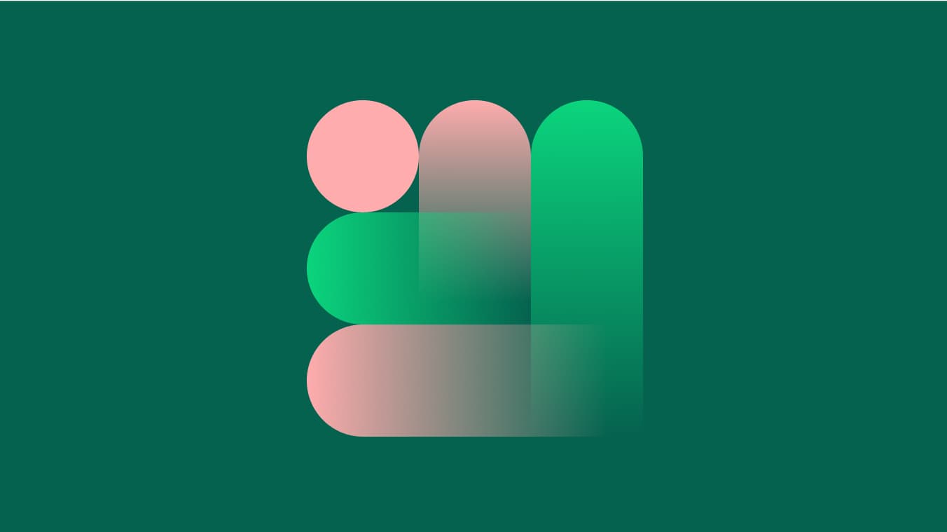 Abstract geometric shapes in pink and green form a stylized letter "F" on a dark green background.