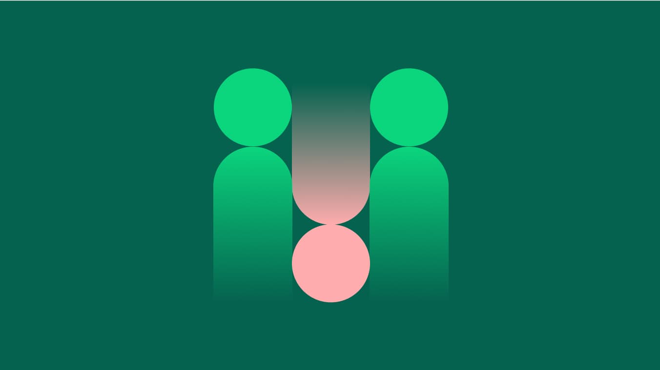 Abstract design with two green figures flanking a pink circle, all on a green background.
