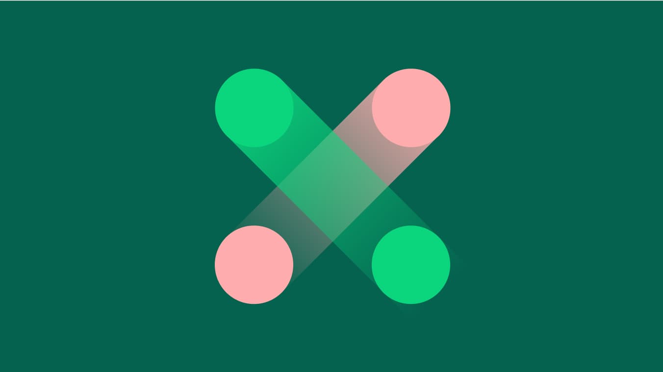 Two intersecting diagonal lines with pink and green circles on a dark green background, forming an "X" shape.