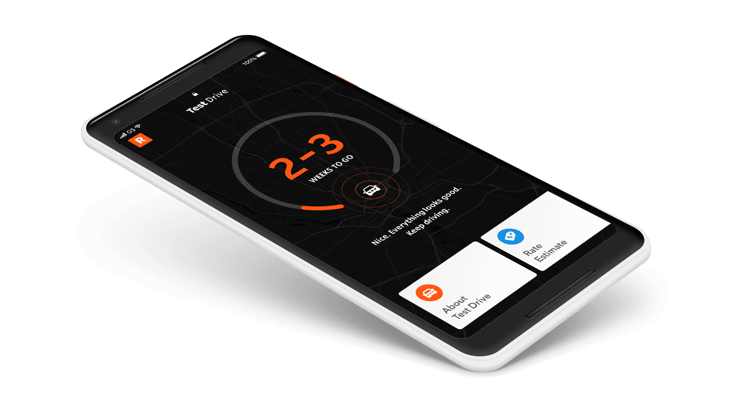Root’s ‘Test Drive’ app on a white smartphone: ‘2-3 weeks to go’, with ‘About Test Drive’ and ‘Rate Estimate’