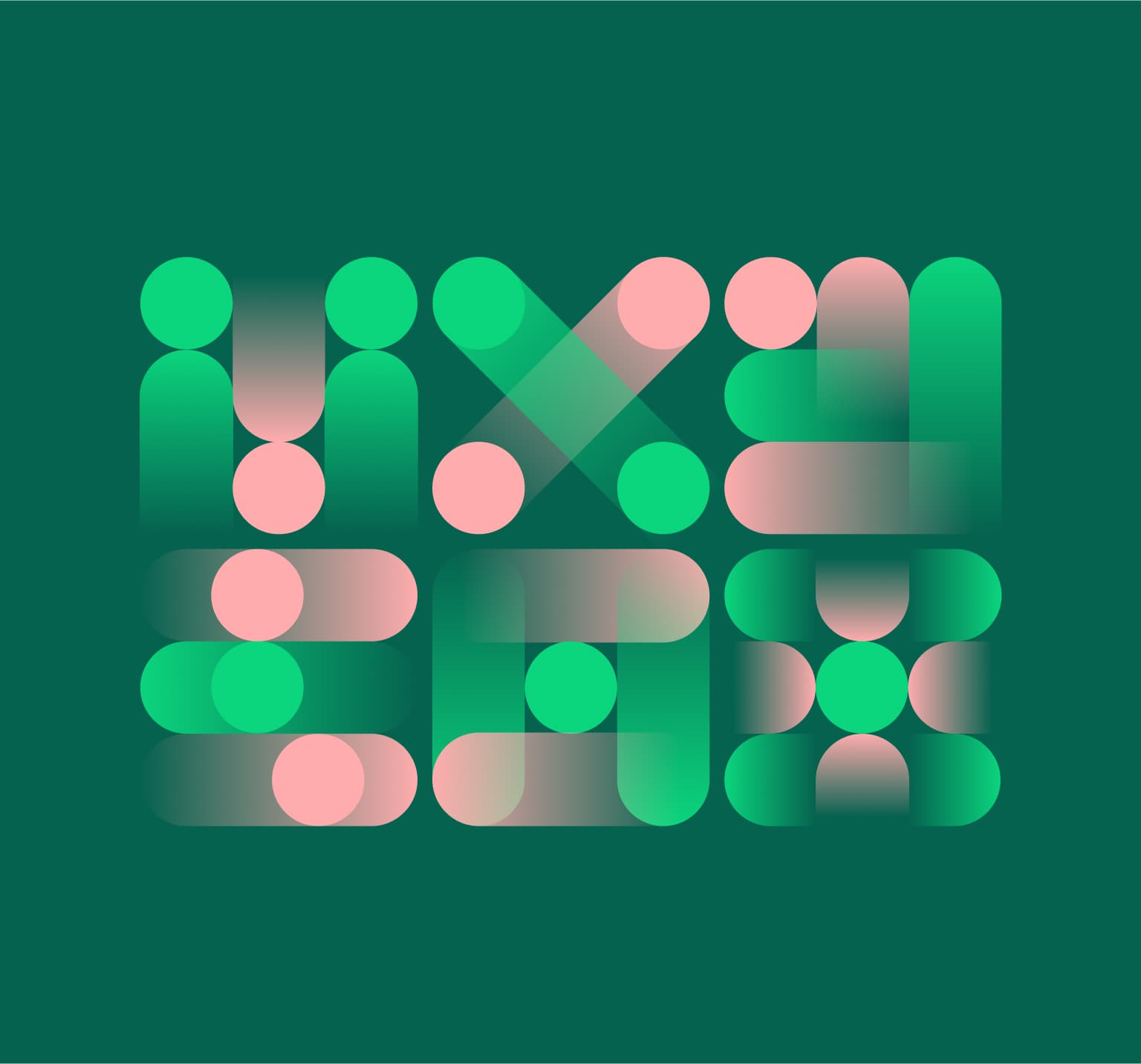 Geometric design with pink and green overlapping shapes on a dark green background.
