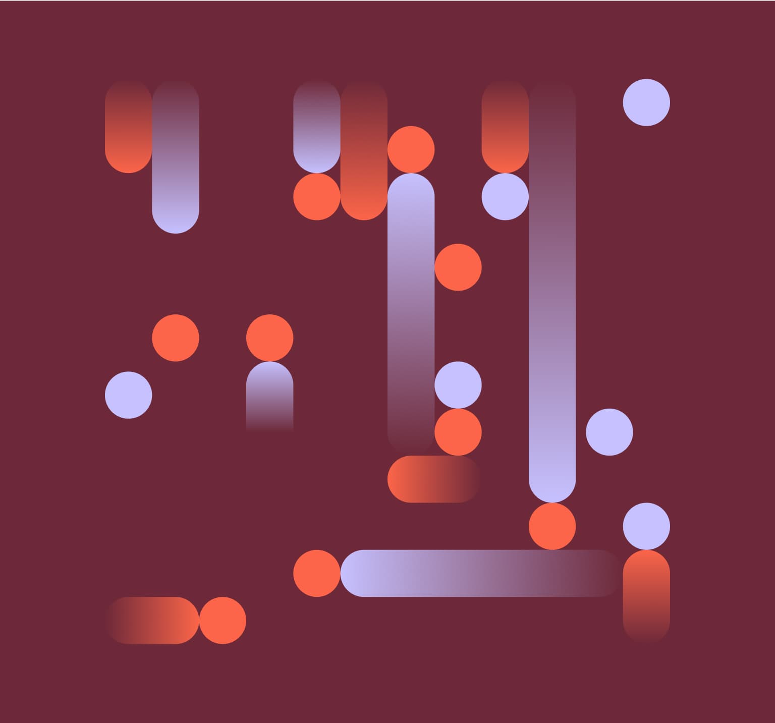 Abstract design with gradient purple and orange circles and bars on a dark maroon background.
