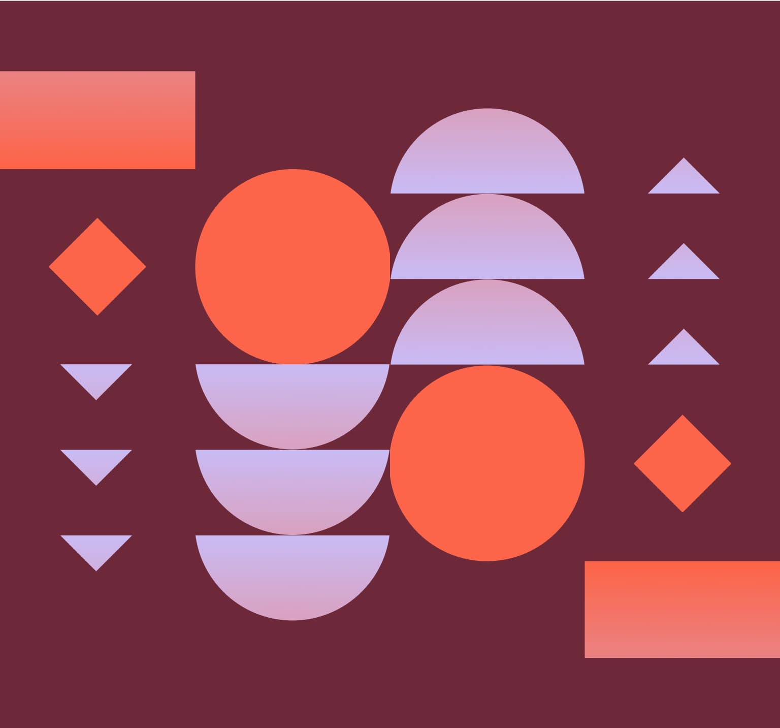 Abstract pattern of orange circles, lilac half-circles, triangles and diamonds on a maroon background
