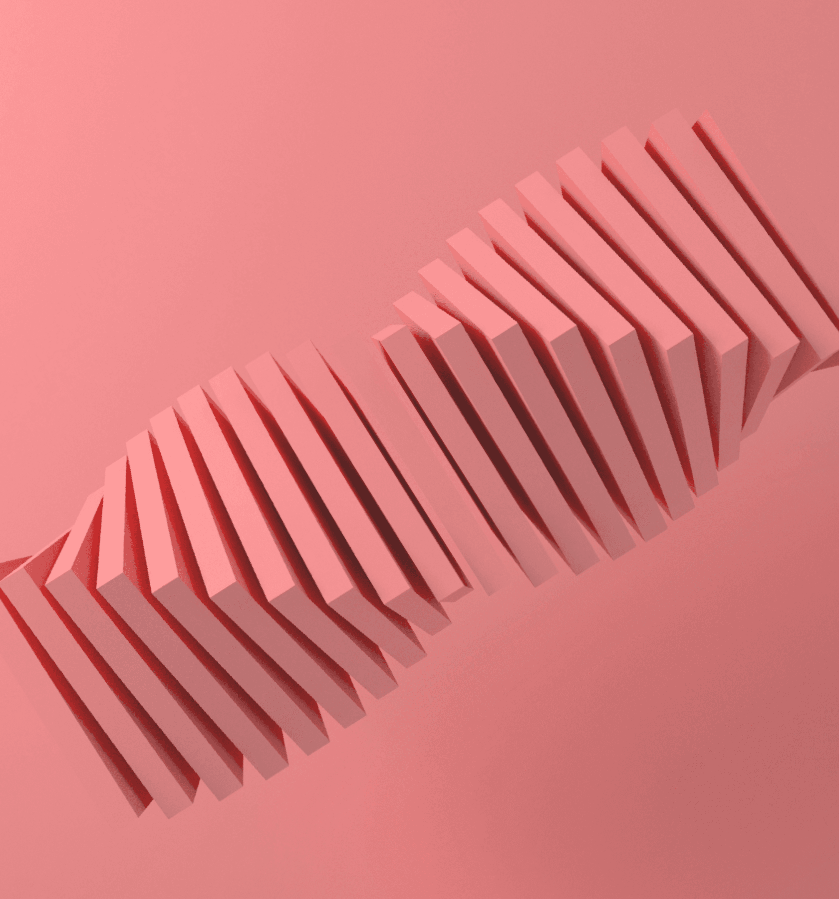 Abstract 3D render of a twisting stack of pink slabs on a pink background
