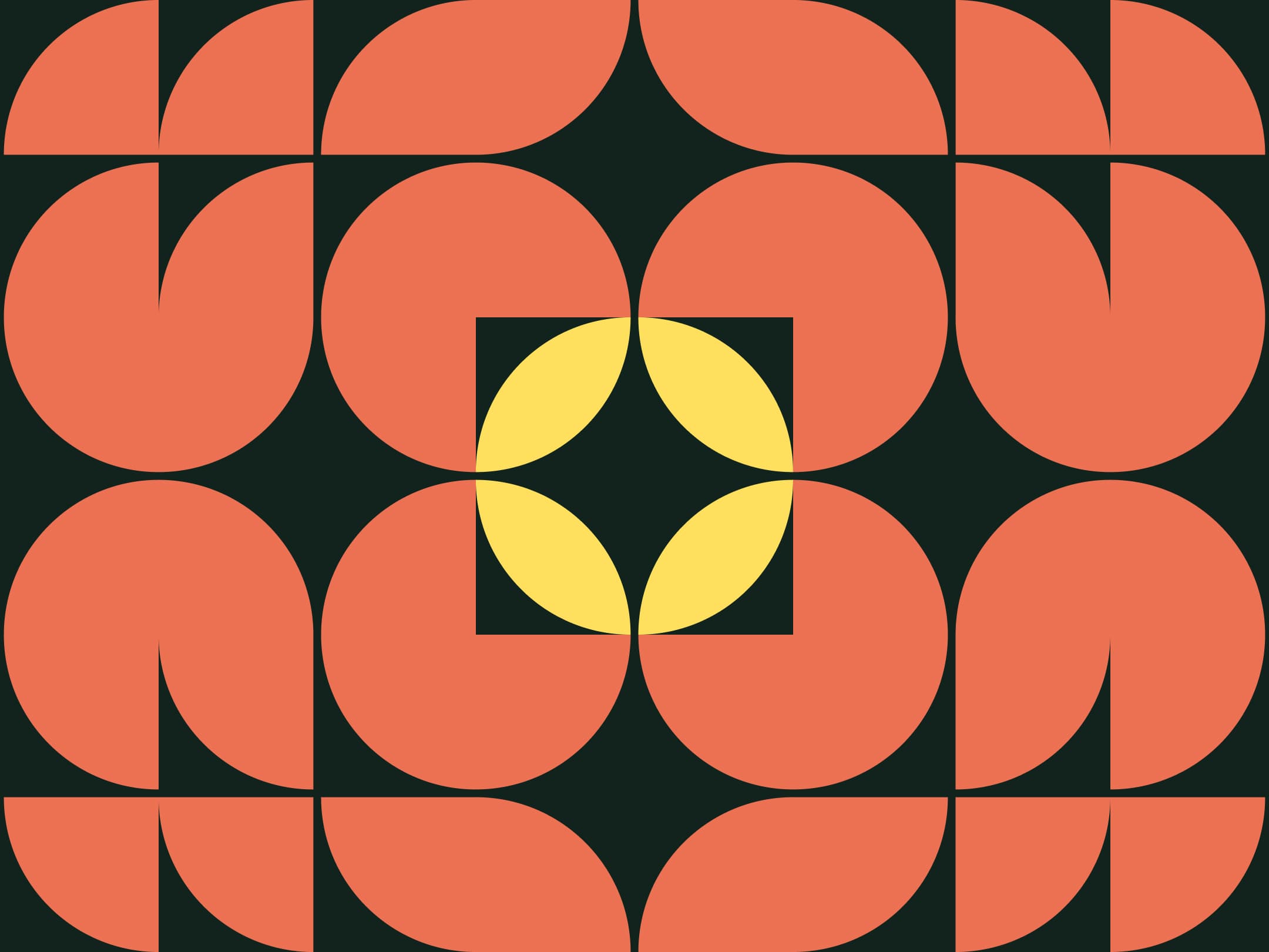 A repeating geometric pattern with coral-orange circles and quarter-circles on a dark teal background, centered by a yellow diamond flower.