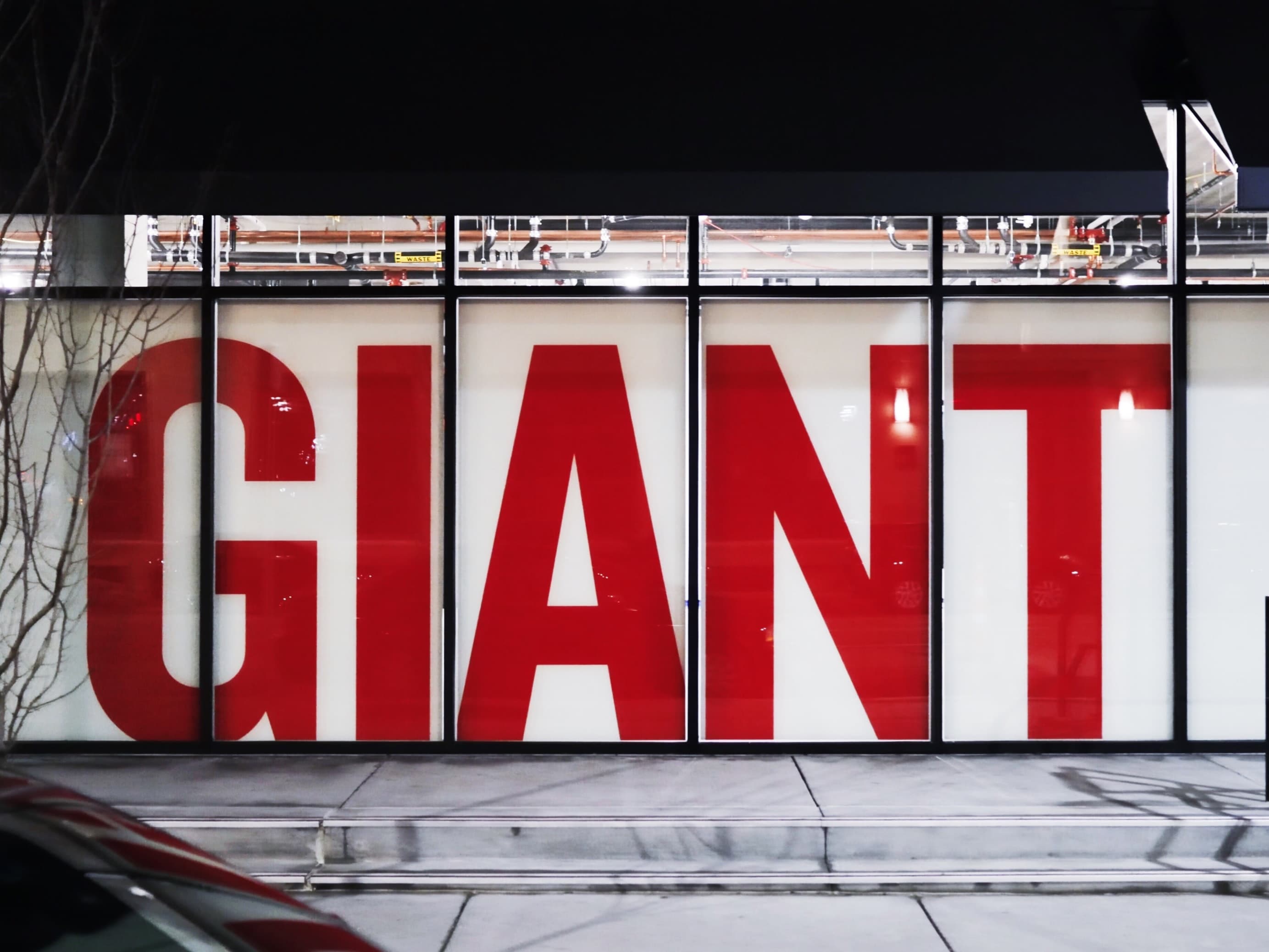 Large red letters spelling GIANT on a shop-front window at night