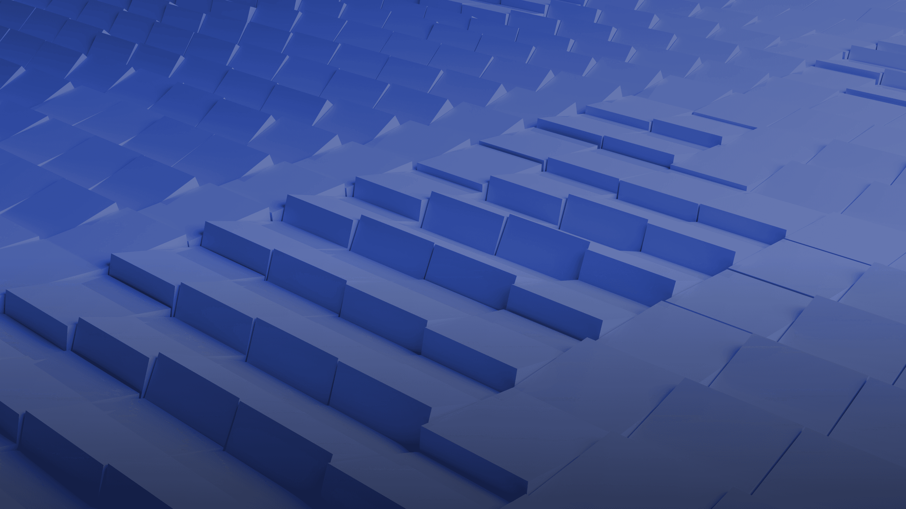 Abstract 3D render of blue angular tiles arranged in rising rows, in shades of blue