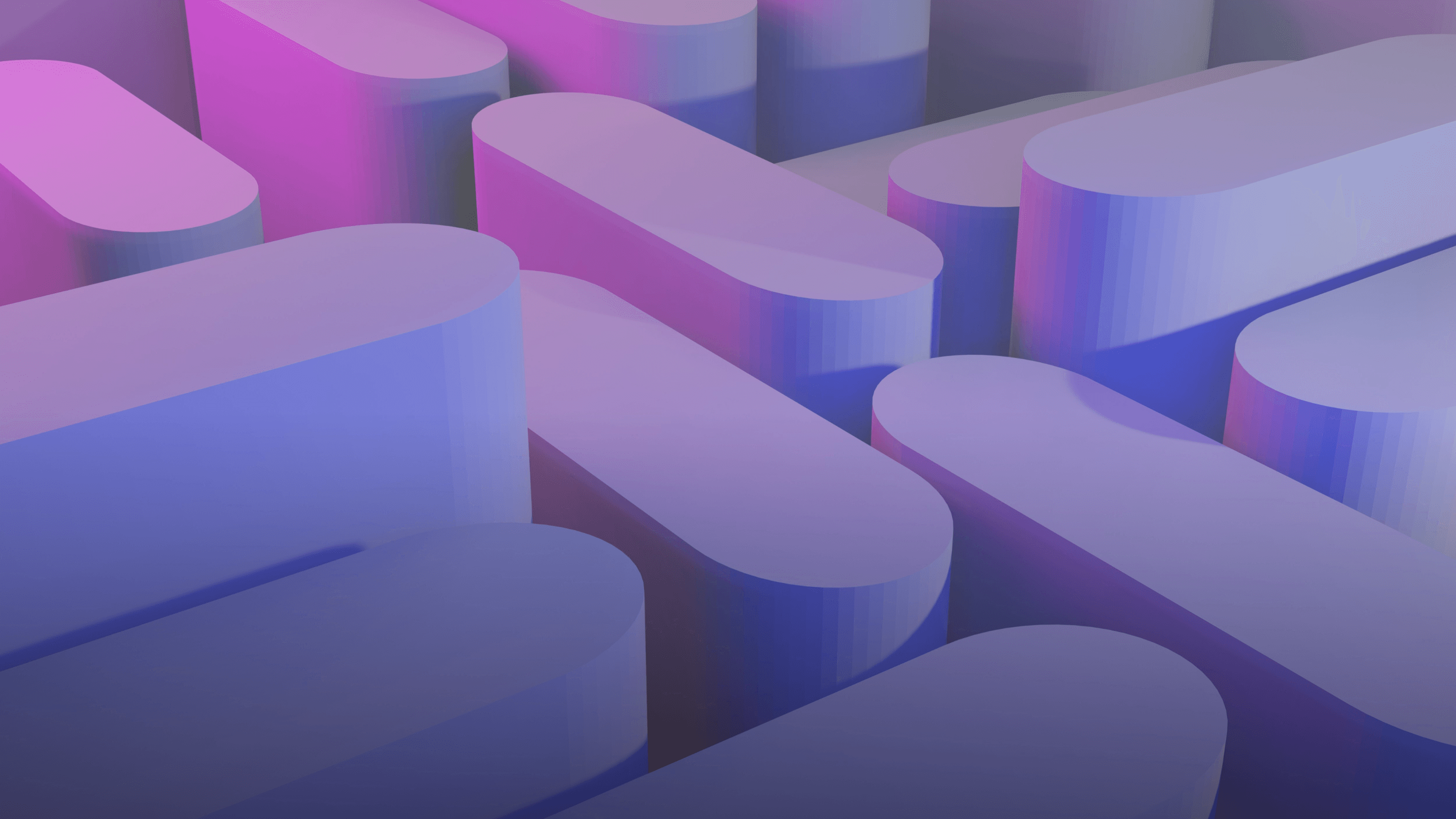 Abstract 3D pattern of interlocking rounded purple, blue, and pink capsule shapes with gradient lighting.