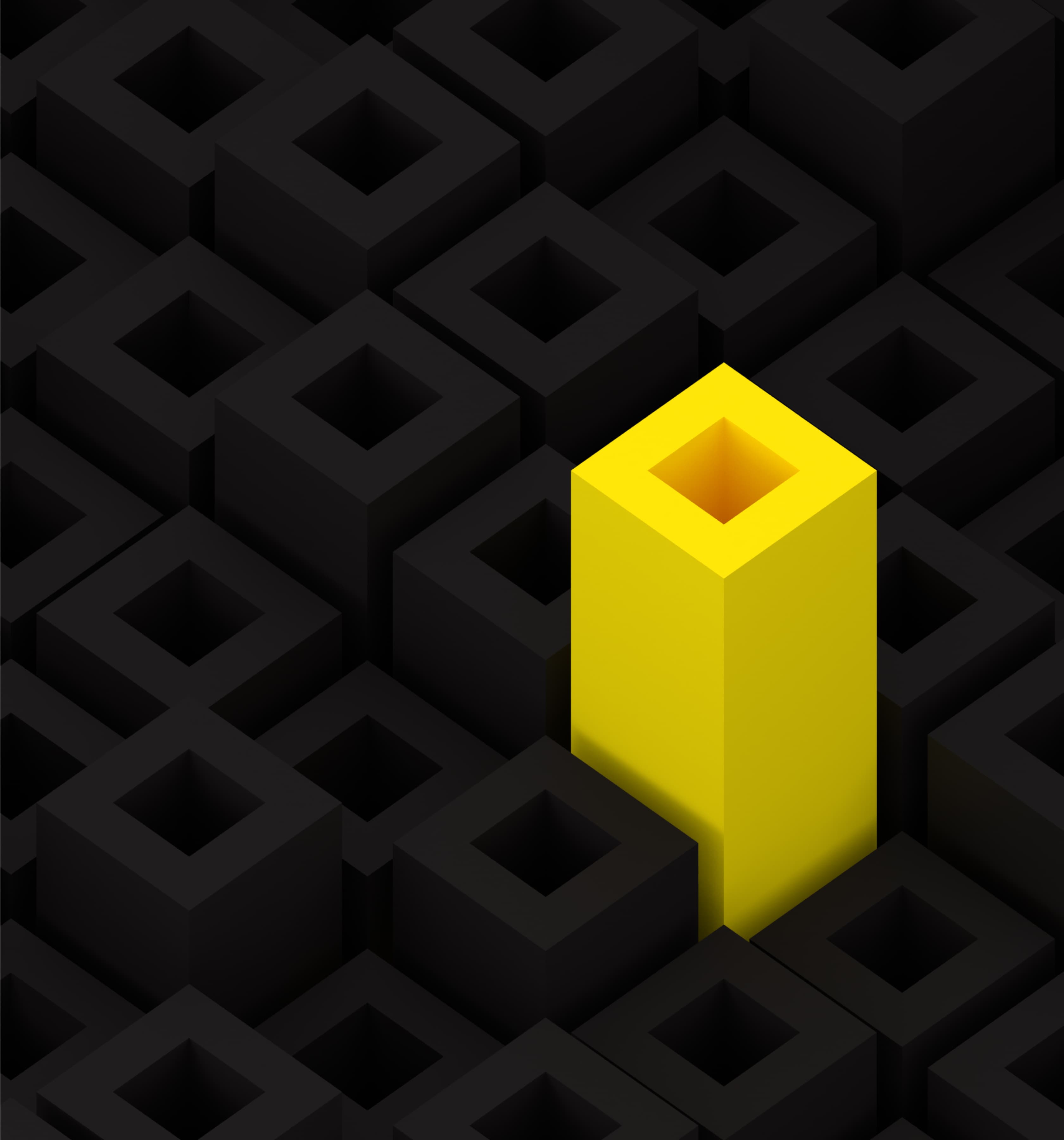 Isometric 3D render of one raised yellow square tube among rows of dark grey square tubes