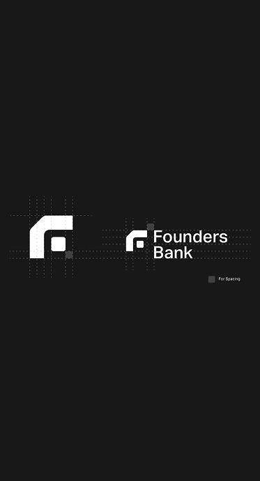 Black background with the "Founders Bank" logo featuring a stylized "F" symbol. Grid lines and the text "For Spacing" are visible.