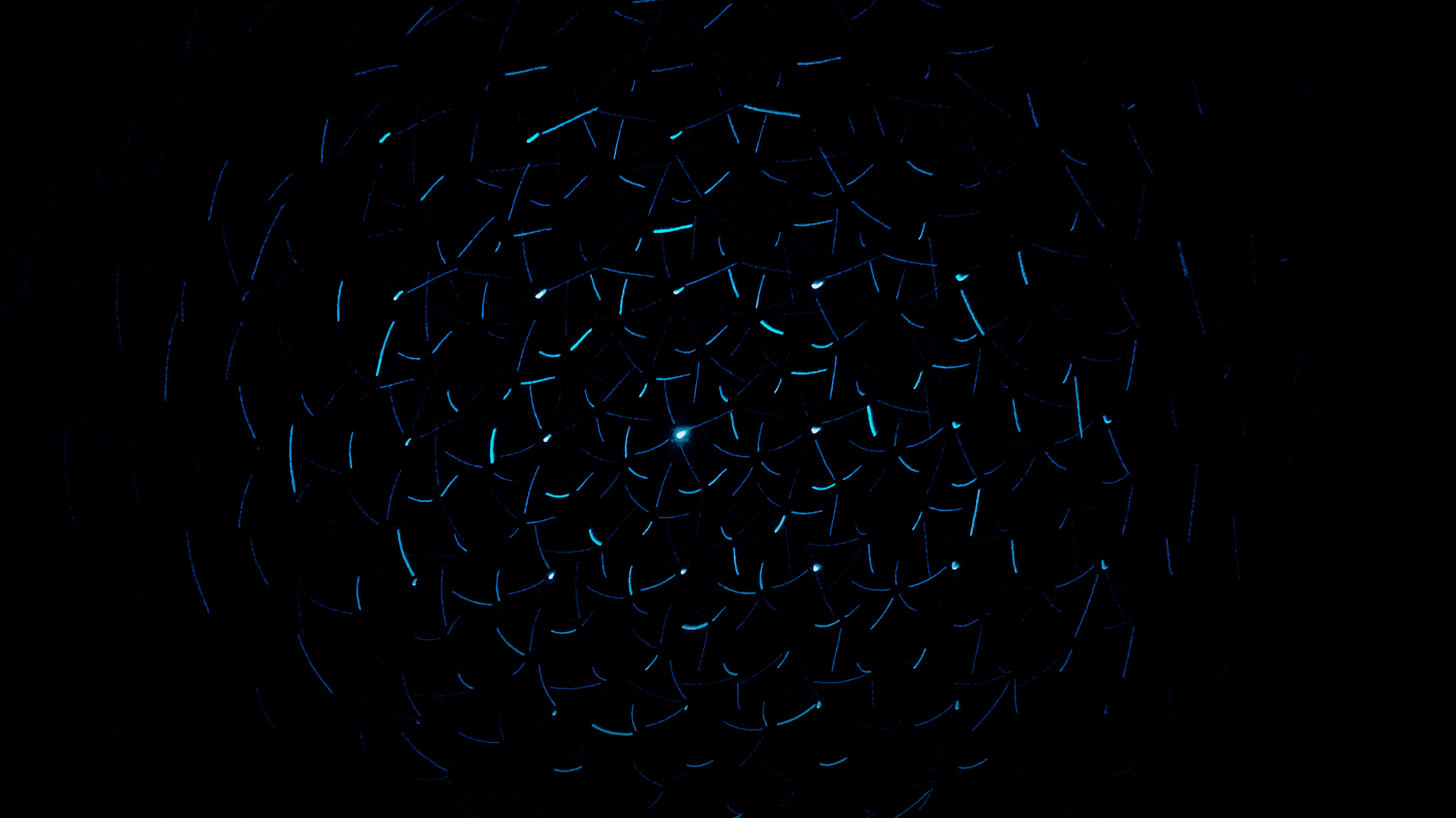 Abstract image of numerous glowing blue and green dashes and dots forming a dense, radiating pattern from a bright center on black.