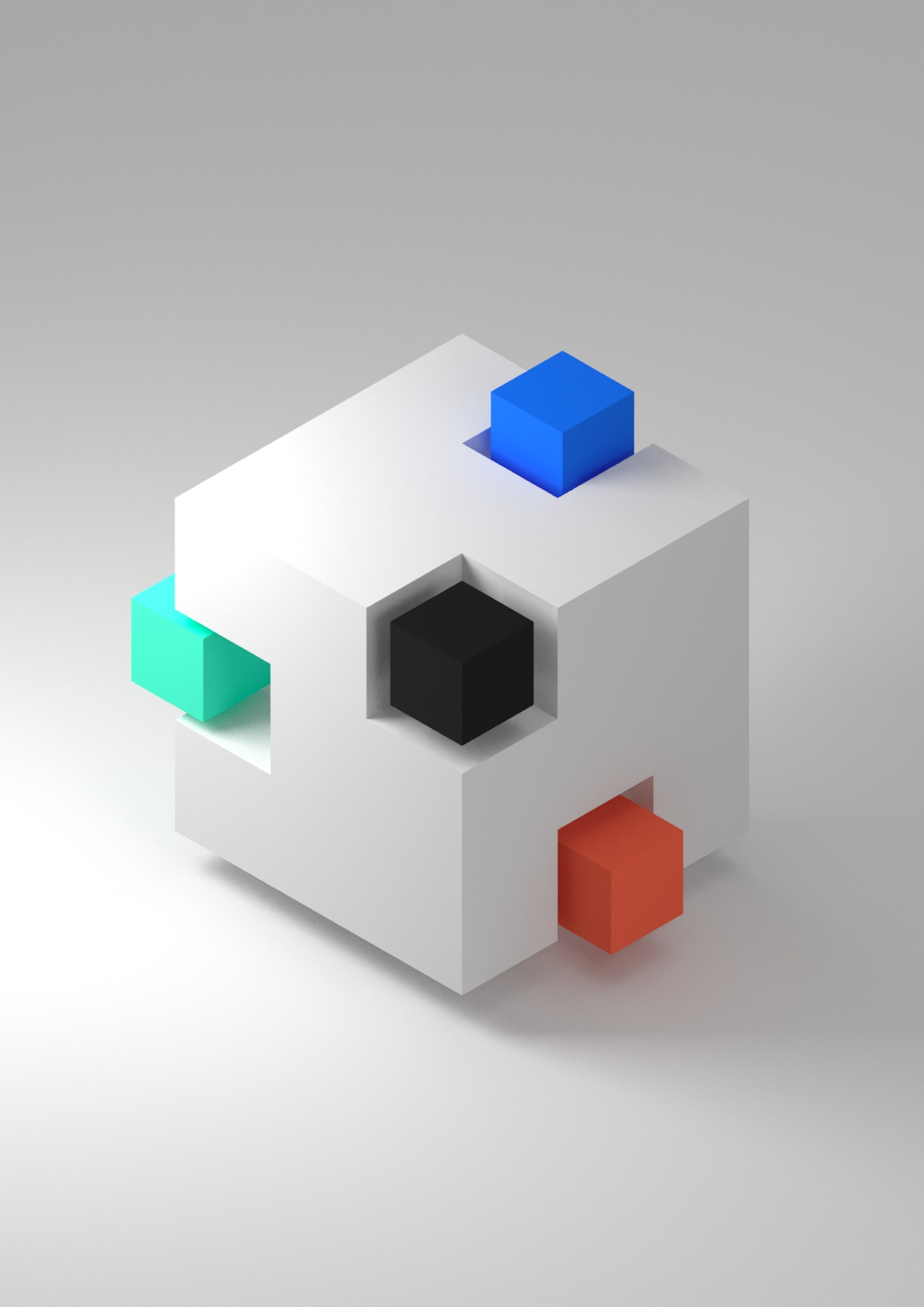 A white cube with smaller blue, black, orange, and teal cubes embedded in or protruding from its faces, on a light grey background.
