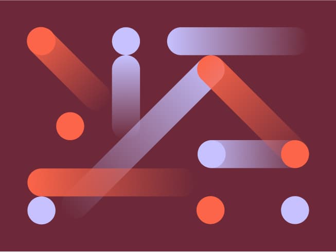 Abstract illustration of overlapping orange and light purple rounded lines and circles with a translucent, gradient effect on a dark background.