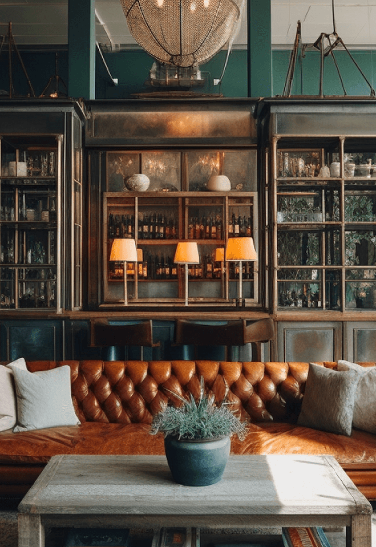 The lounge of a Soho House members' club: a tufted leather sofa and armchairs in front of a bar and shelves in a green-panelled room.