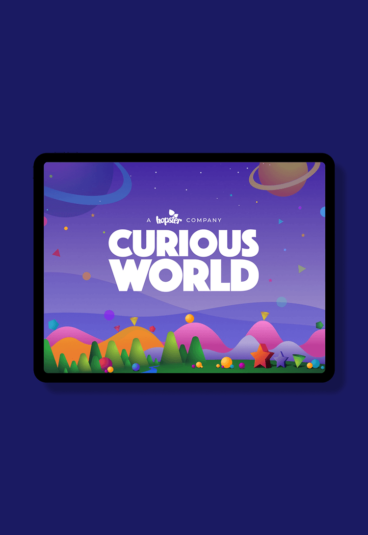 The Curious World app (a Hopster company) on a tablet, with a colourful cartoon landscape and planets.