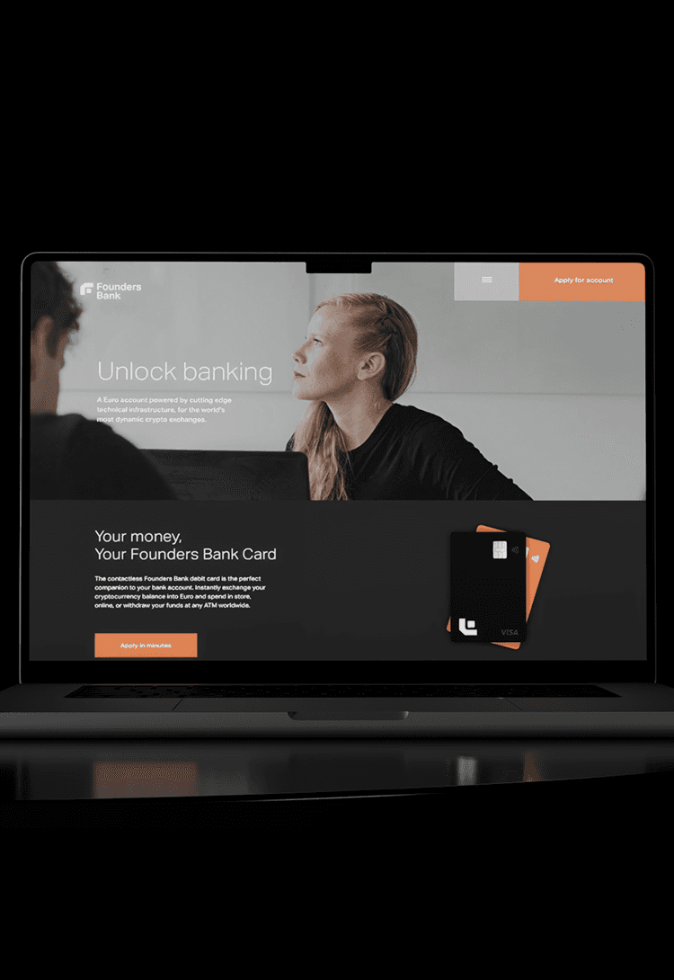 The Founders Bank website on a laptop, "Unlock banking", with a Founders Bank debit card