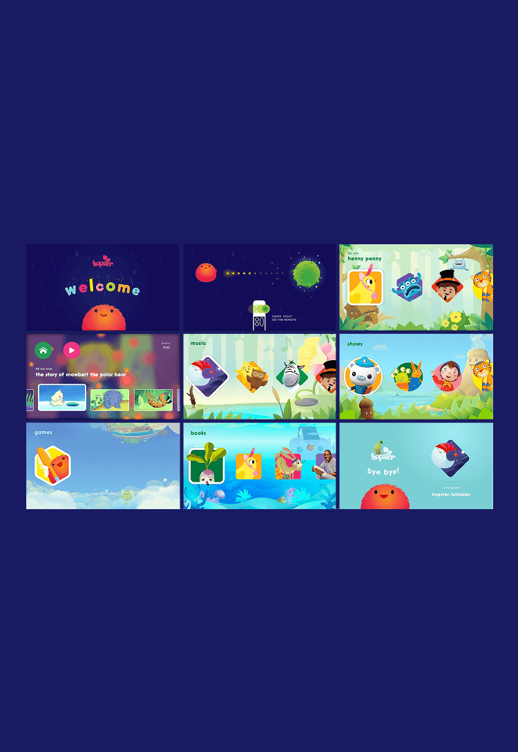 A grid of Hopster app screens: welcome, shows, music, games and books for young children.