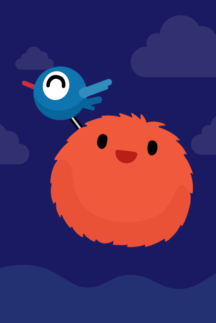 A cute blue bird with a red beak perches on a smiling, fluffy orange creature. Dark blue background with subtle clouds and waves.