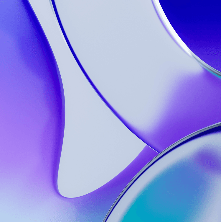 Abstract 3D render of translucent purple, blue and teal curved glass shapes on a pale background