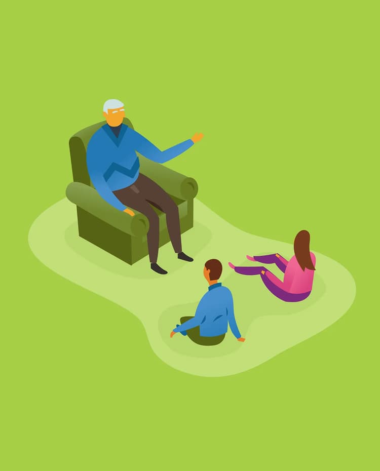 Isometric illustration of an elderly man in an armchair, gesturing while talking to a boy and girl sitting on the floor.