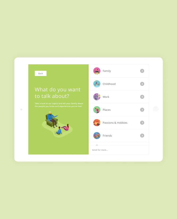 A tablet displays an app asking "What do you want to talk about?", with an illustration of people conversing and topics like Family, Childhood.
