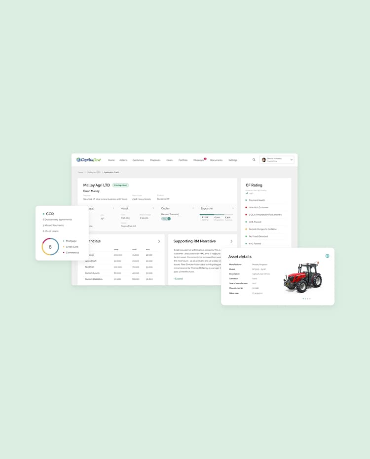 Dashboard interface showing a company overview, credit rating, and asset details with a tractor image on a light green background.